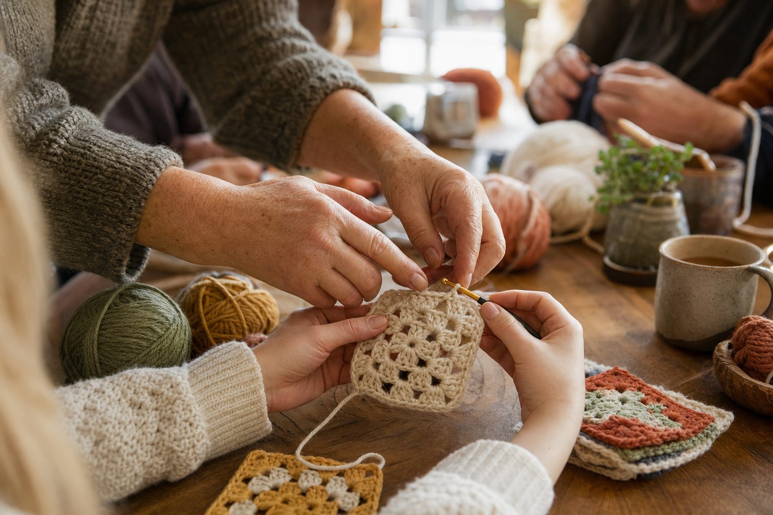 Close-up of a teacher's hands gently guiding a beginner's hands holding a crochet hook and cream yarn over a small finished granny square at a communal wooden table, with balls of yarn and mugs of tea around them.