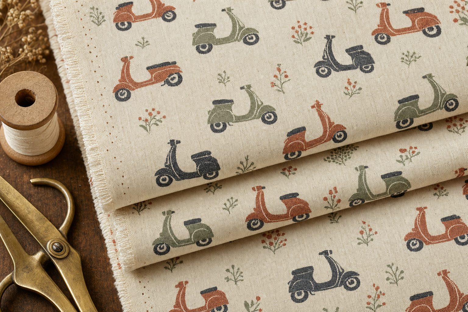 A folded bolt of Japanese cotton-linen printed with small vintage scooters in clay red, sage, and ink on a cream ground, beside brass shears and a wooden spool of thread.