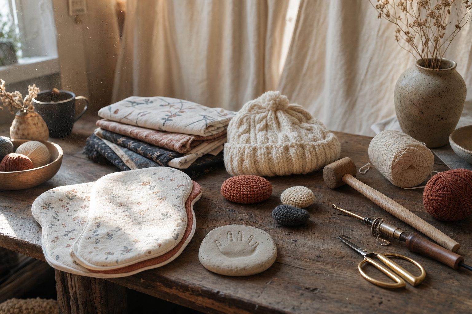 A wooden worktable in afternoon light covered with handmade goods: folded burp cloths, a cream cable-knit hat, crocheted stones, yarn, brass shears, and a cement keepsake stone with a small handprint.