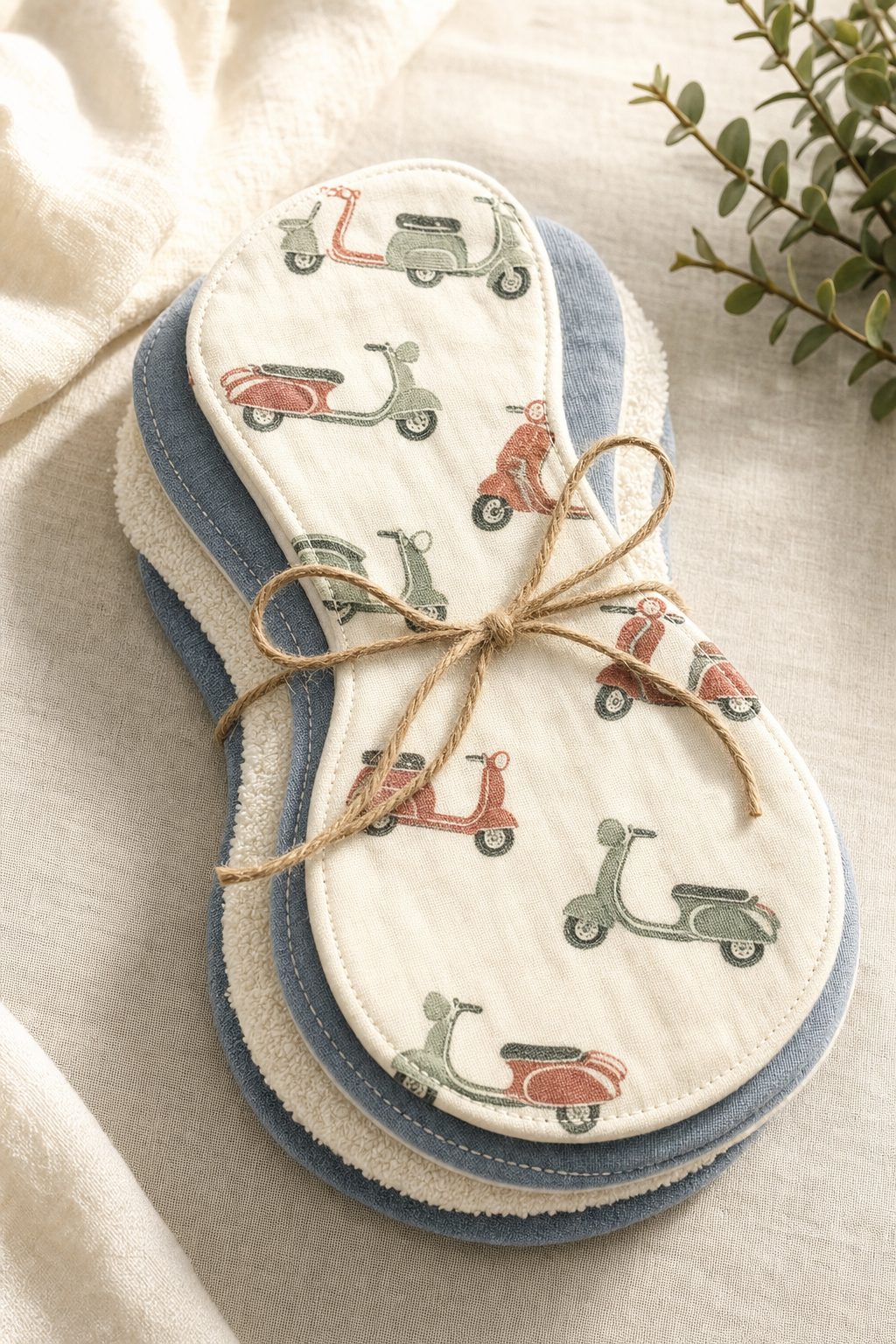 Three contoured handmade burp cloths stacked and tied with twine; the top cloth is printed with small vintage scooters in clay red and sage on cream.
