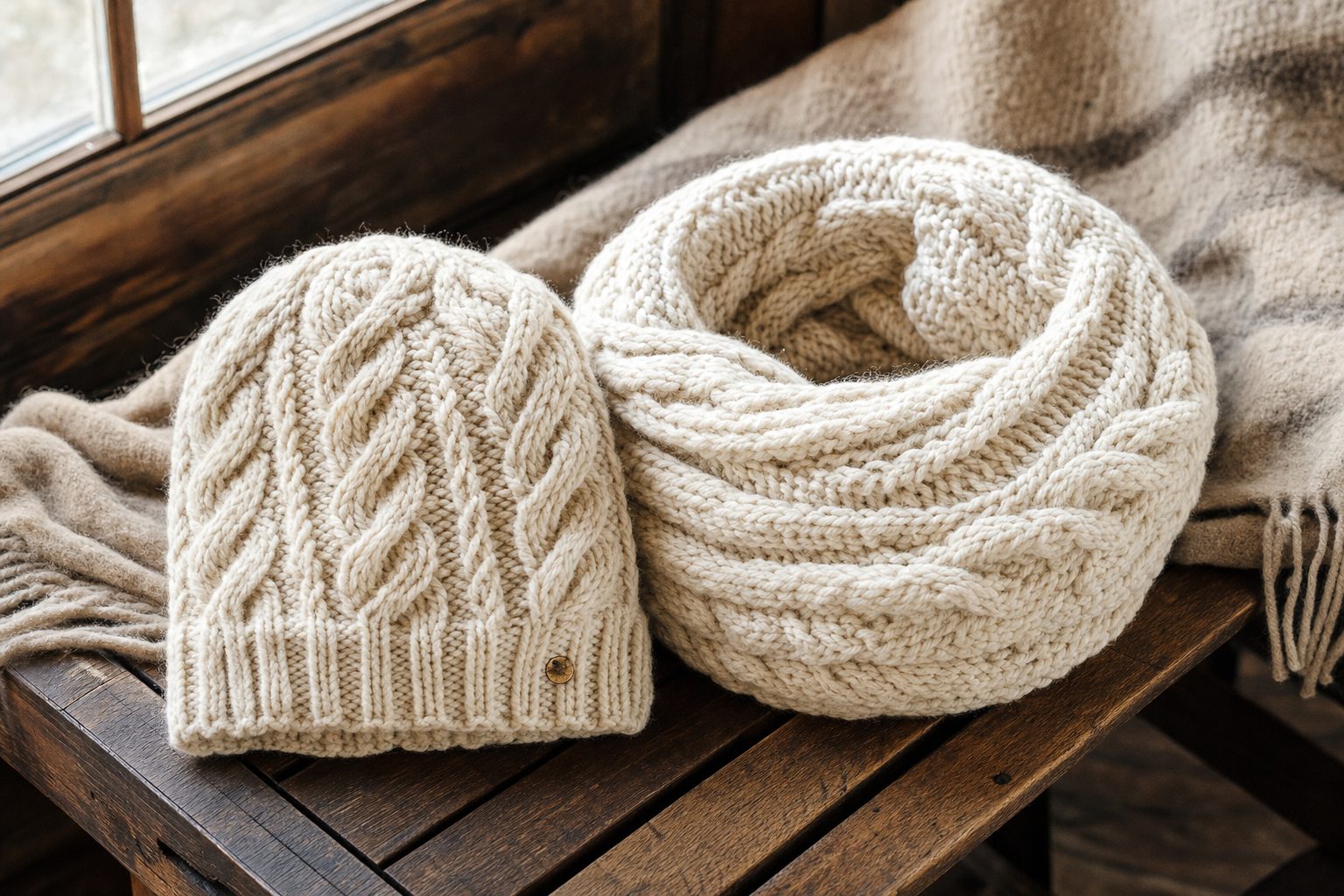 A hand-knit cream Aran cable-knit beanie beside a matching chunky cable-knit infinity scarf on a dark wooden bench with a wool blanket.