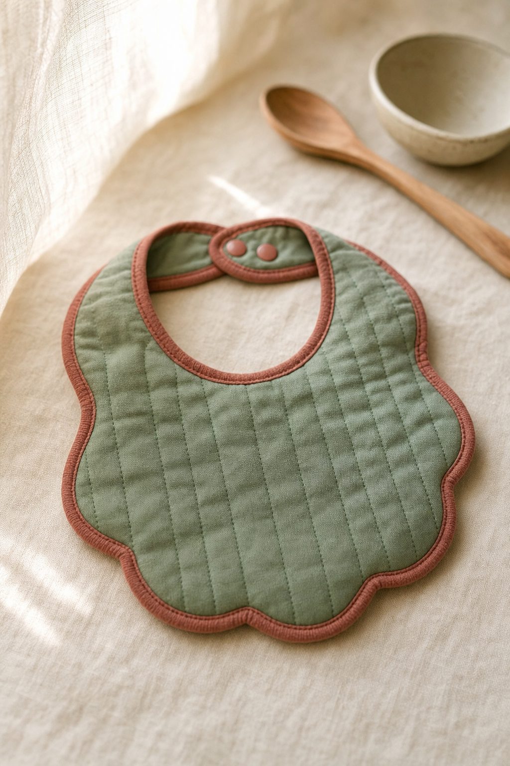 A handmade quilted baby bib in sage green cotton with clay-red binding, a scalloped edge, and two snaps at the back of the neck, laid flat on cream linen.