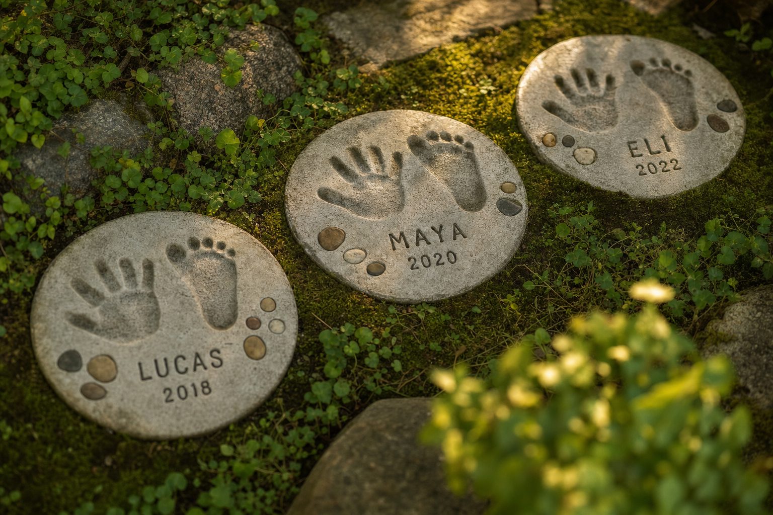Three cast cement stepping stones set into a mossy garden path, each with a child's handprint and footprint pressed in, a stamped first name, and a year.