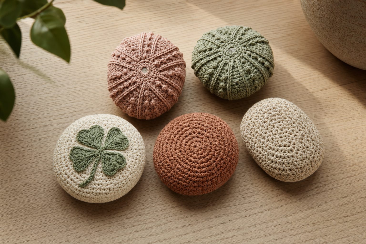 Five smooth river stones covered in fine crochet: two textured sea-urchin designs in dusty rose and sage, one cream stone with a green four-leaf clover motif, and two plain stones in clay and oatmeal.