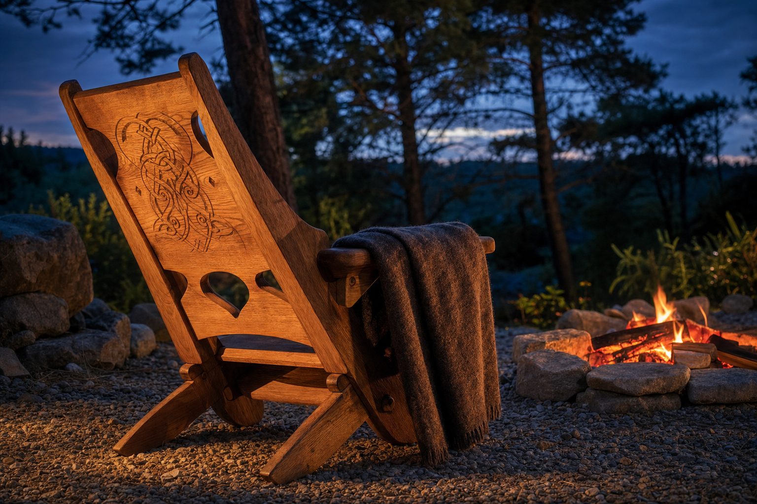 A handmade collapsible wooden Viking stargazer chair with woodburned Norse knotwork and cut-out details, set on gravel beside a glowing stone fire pit at dusk with a wool blanket over the arm.