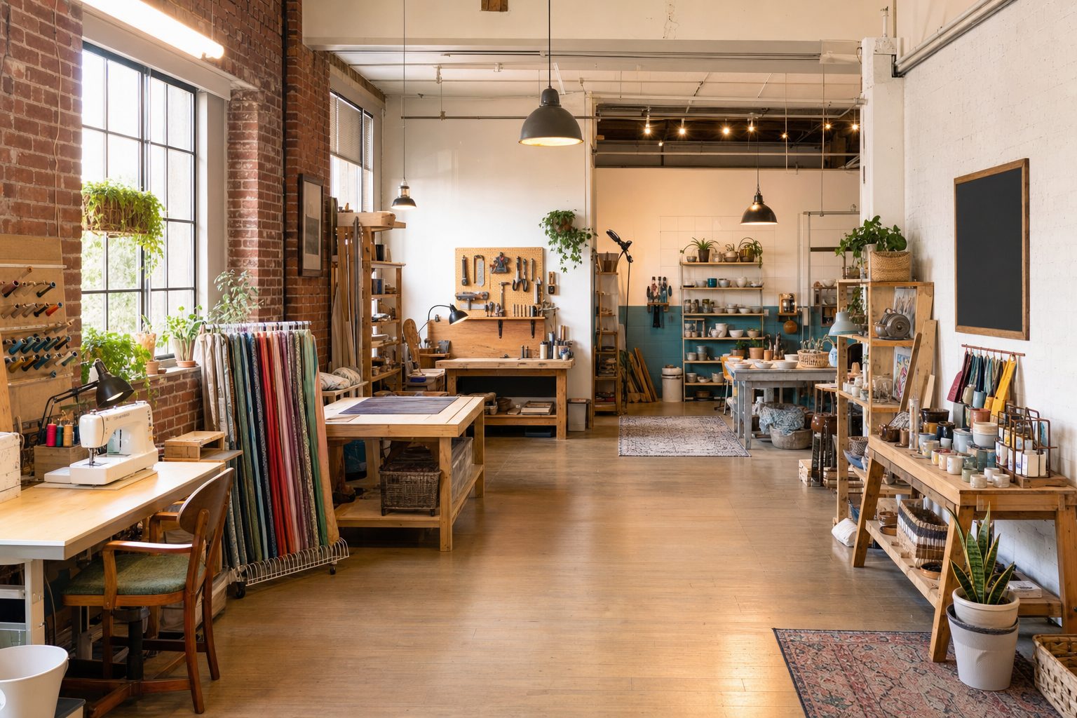 Interior of a bright shared maker workshop with brick walls and tall windows: a sewing station with fabric bolts, a woodworking bench with hand tools on a pegboard, a pottery corner, and a small retail shelf of handmade goods.